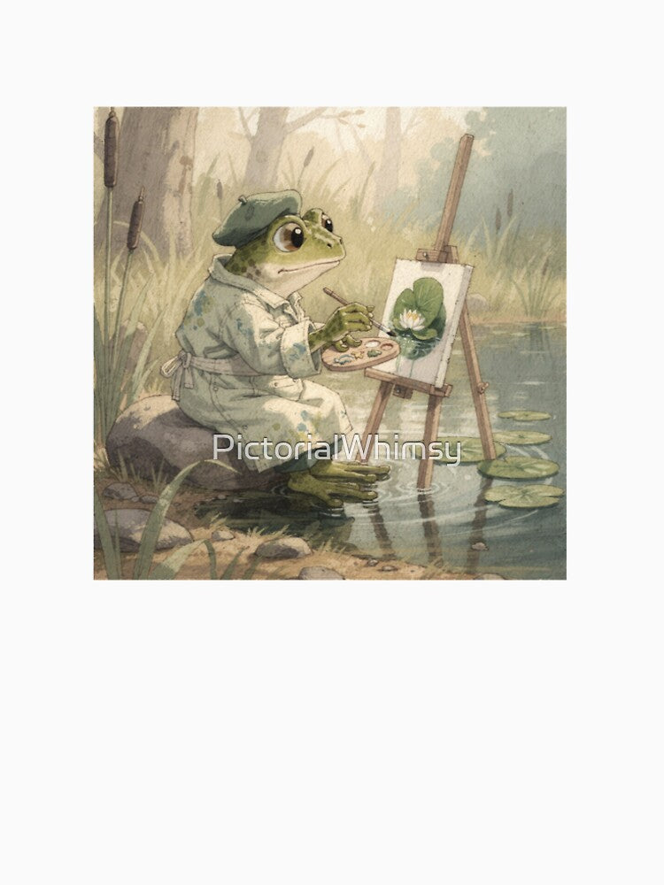 Frog Painter at His Lily Pad Easel Cottagecore Art by PictorialWhimsy