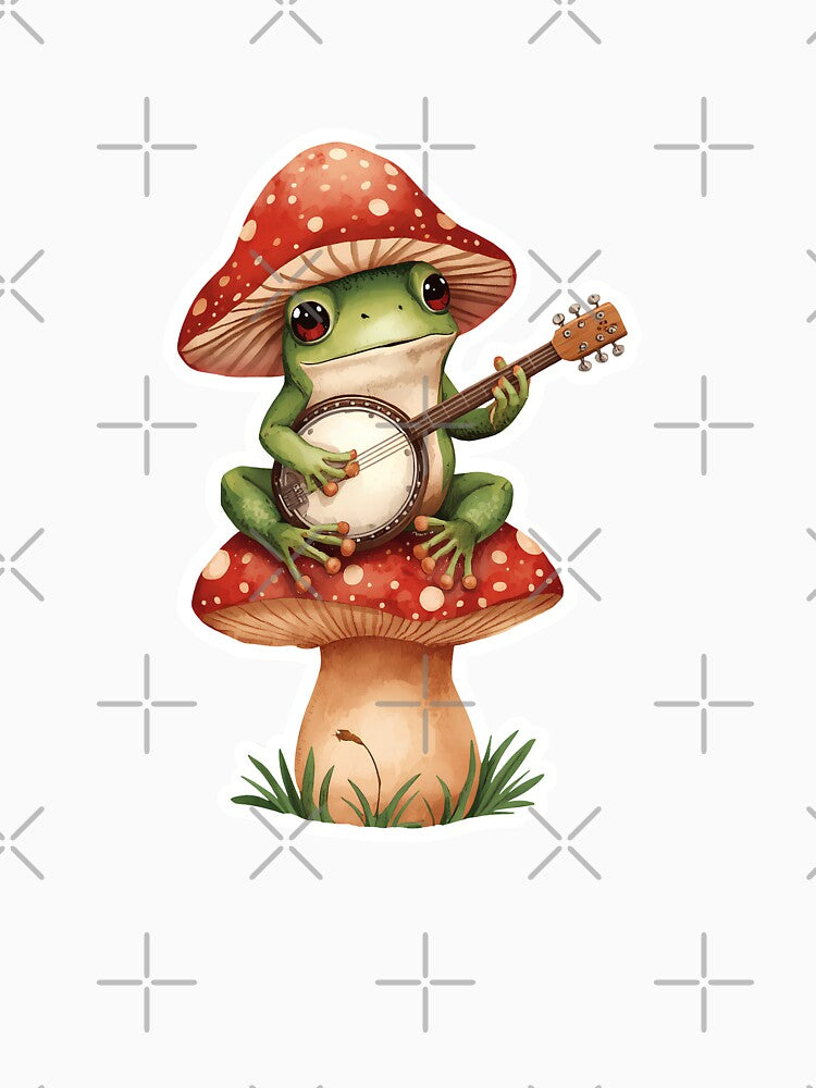 Cute Frog Playing Banjo on Mushroom Cottagecore Sticker by Kavya Art