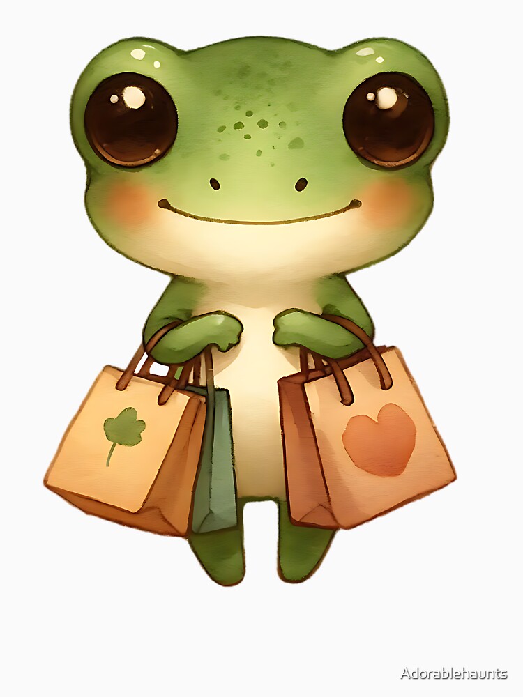 Watercolor Frog with Shopping Bags, Cottagecore Froggy on a Day Out by Adorablehaunts