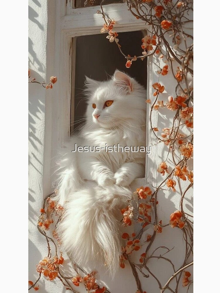 Elegant White Cat Resting by a Blooming Window by Jesus-istheway