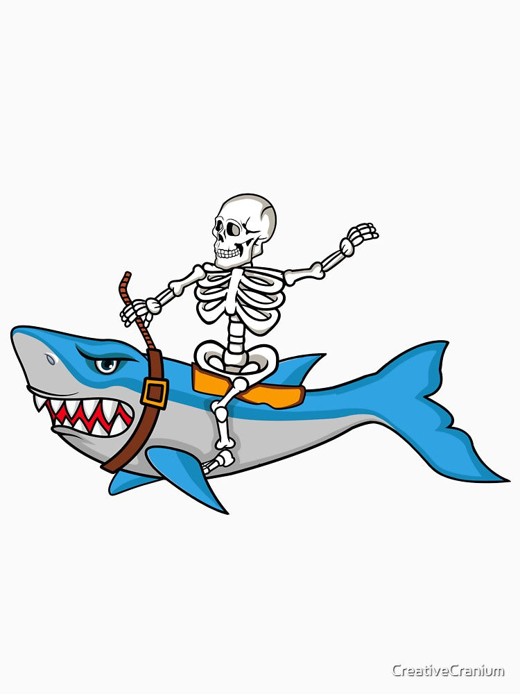 Whimsical Skeleton Riding Kawaii Shark As If In A Rodeo by CreativeCranium