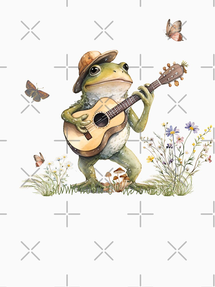 Cute Cottagecore Floral Frog Playing Guitar by GirlGlowGraphic