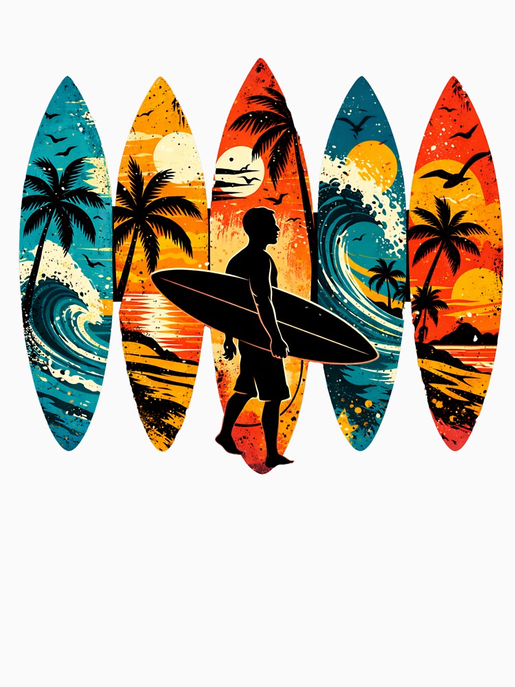 Vintage Surfboard Sunset Shirt, Surfer Beach Graphic Tee by treesdesign