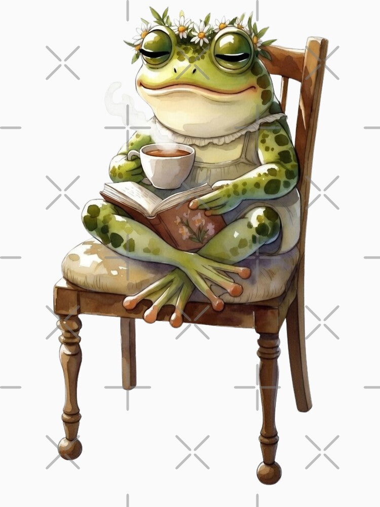 Cozy Cottagecore Watercolor Frog Reading Book and Drinking Tea by FarmOfCuties