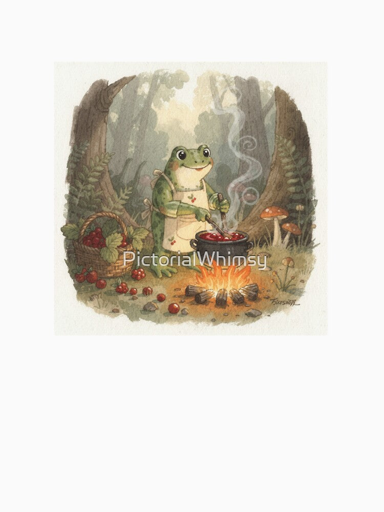 Frog Jam-Maker Stirring the Berry Pot Cottagecore Art by PictorialWhimsy
