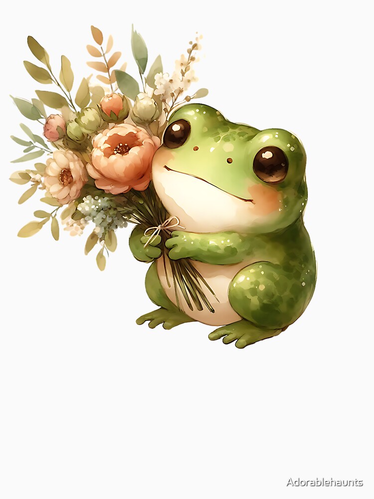Watercolor Frog with Flower Bouquet, Cottagecore Froggy Love by Adorablehaunts