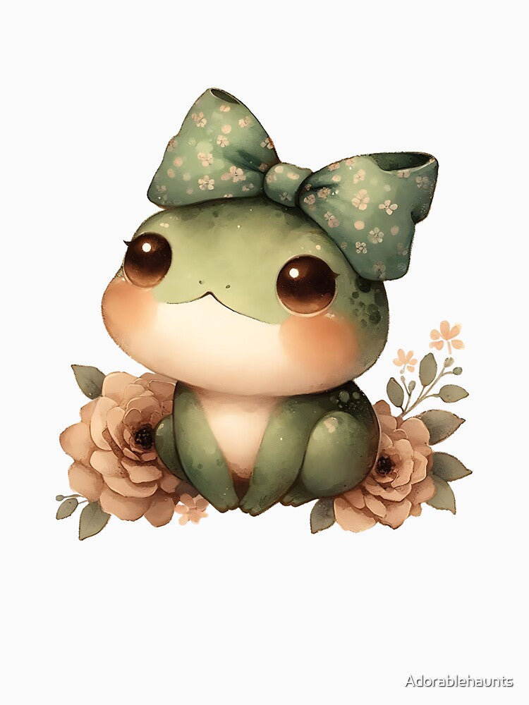Cottagecore Frog with Bow and Flowers,Watercolor Cute Frog Art by Adorablehaunts