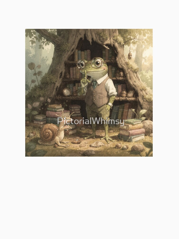 Frog Librarian Shushing Snail Cottagecore Art by PictorialWhimsy