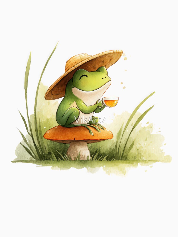 Kawaii Frog Sipping Tea in Straw Hat — Woodland Mushroom Aesthetic by VikArt7