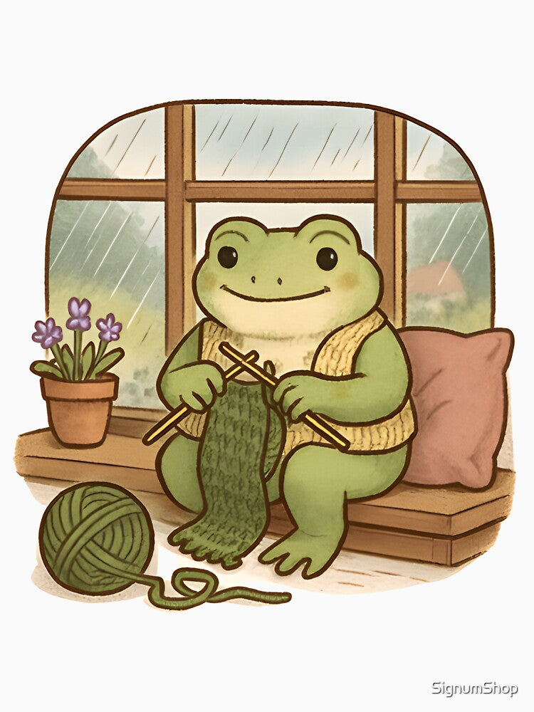 Cottagecore Frog Knitting by the Window by SignumShop