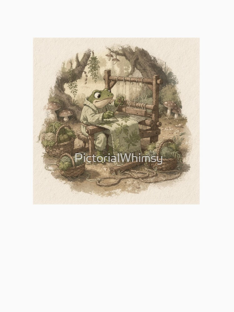 Frog Weaver at a Tiny Loom Cottagecore Art by PictorialWhimsy