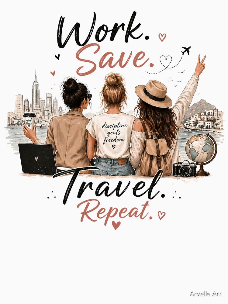 Work Save Travel Repeat T-Shirt by Arvelle Art
