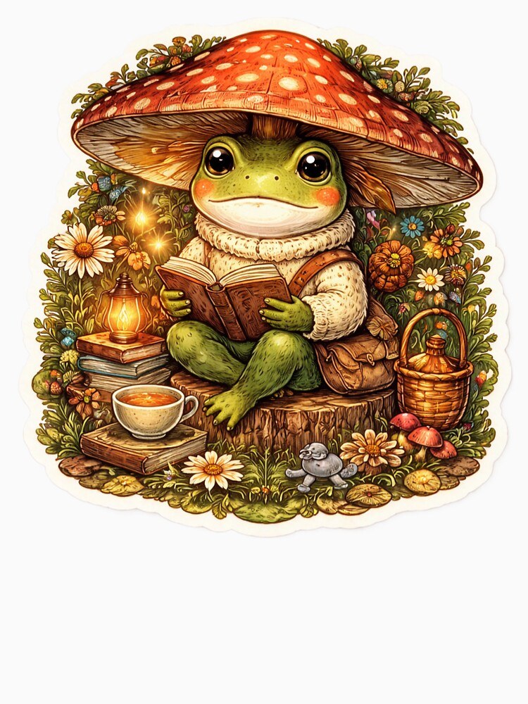 Cozy Cottagecore Frog Reading Book Under Mushroom - Cute Frog Sticker by FluffiPopo