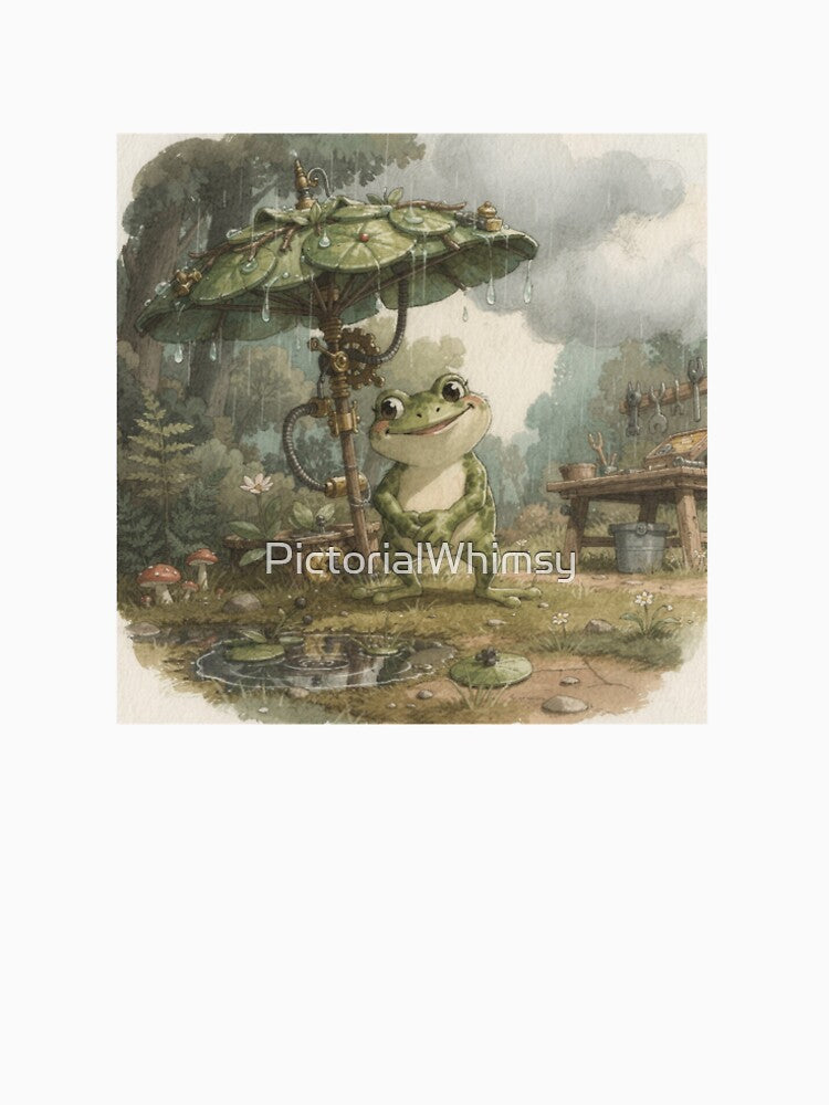 Frog Inventor with a Lily Pad Umbrella Cottagecore Art by PictorialWhimsy