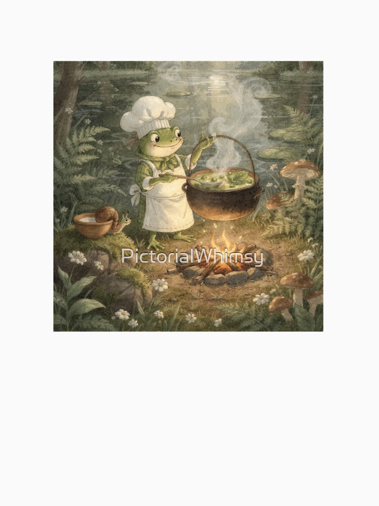 Frog Soup Chef Ladling Pea-and-Mint by the Pond Cottagecore Art by PictorialWhimsy