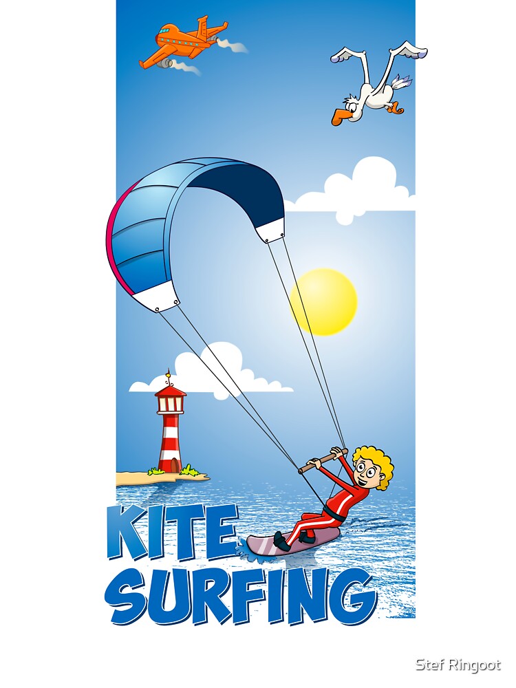 Funny kitesurfing cartoon style illustration by Stef Ringoot, cartoons and illustrations