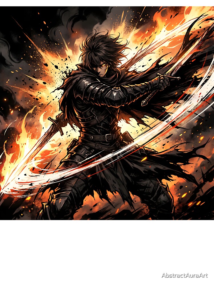Dark Fantasy Anime Swordsman – Fire Slash Warrior Action Art by AbstractAuraArt
