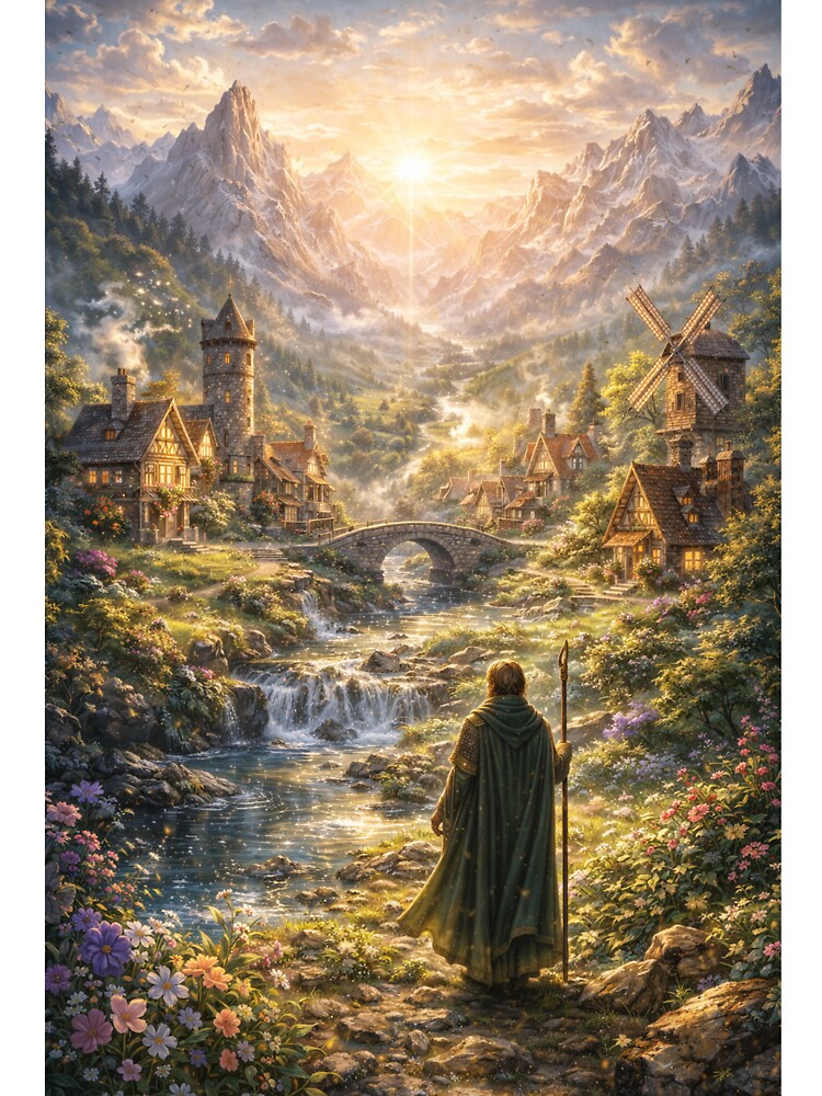 Enchanted Mountain Village – Fantasy Landscape Sunrise by DrizzyV