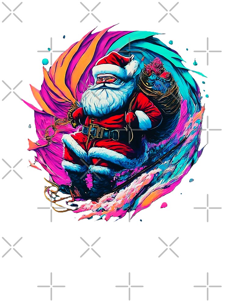 Vibrant Santa Claus design , Santa riding the cosmic wave , Colorful and fun festive , Unique Christmas gift by Indyadizine