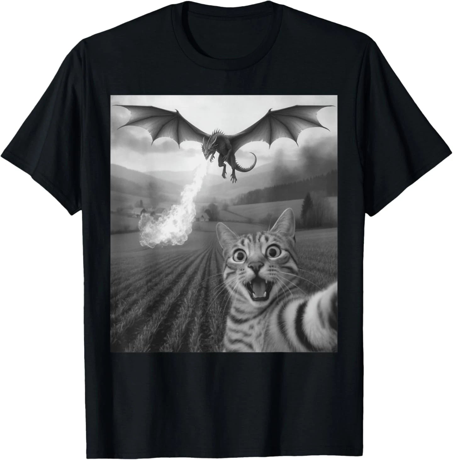 Funny Cat Selfie with Dragon Kawaii Fantasy Creature Art T-Shirt
