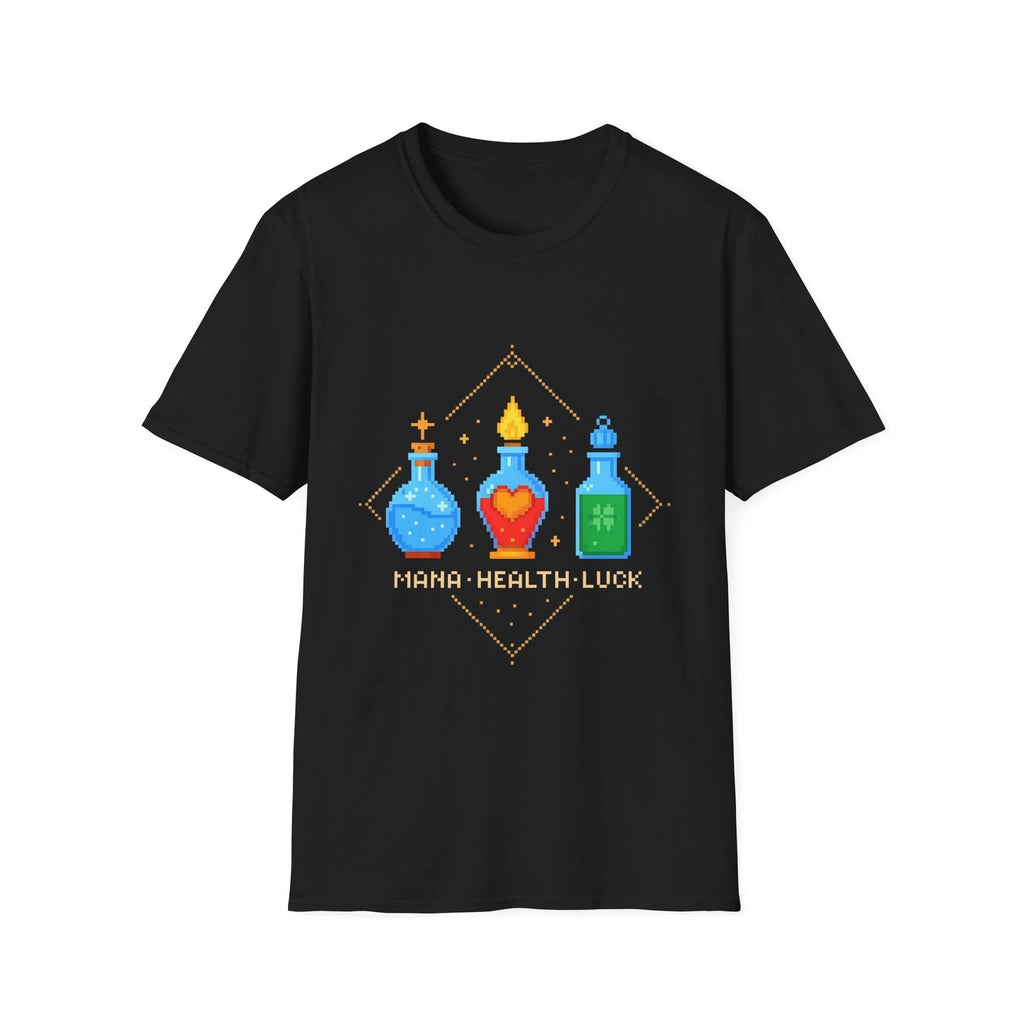 Retro Gamer Shirt – Pixel Potion Bottles Mana Health Luck Fantasy Tee