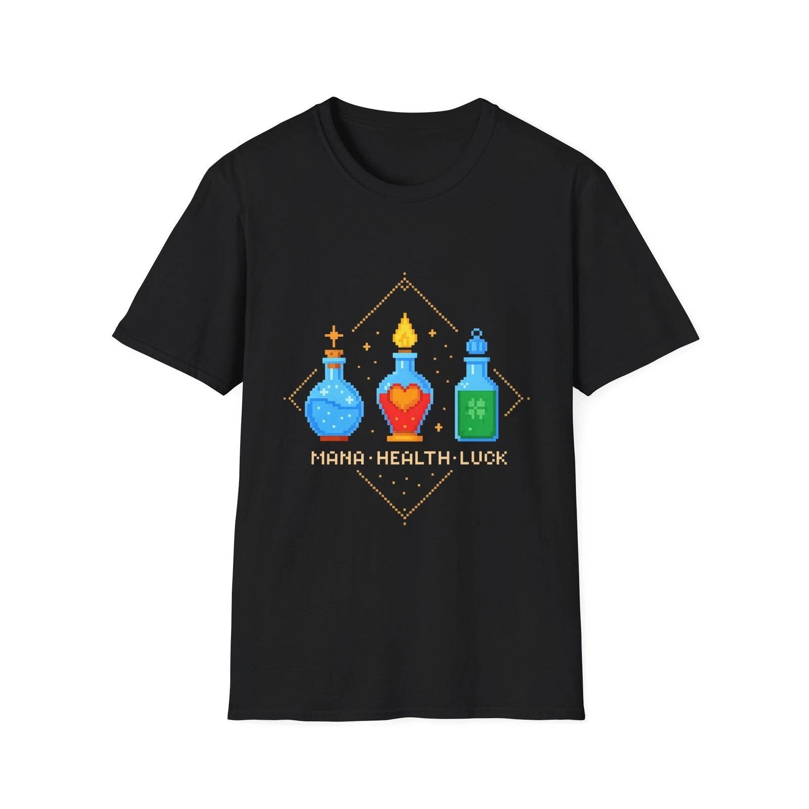 Retro Gamer Shirt – Pixel Potion Bottles Mana Health Luck Fantasy Tee