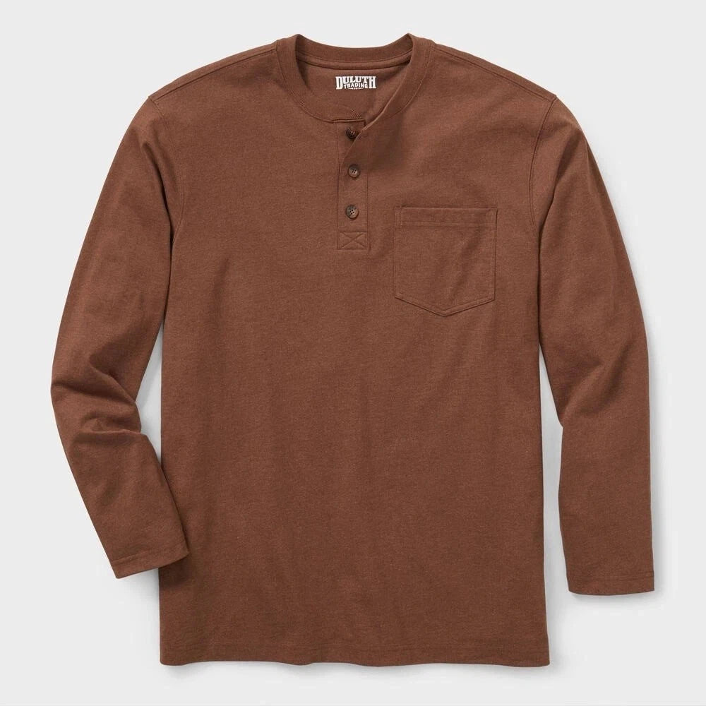 NEW Duluth Trading Co Longtail T Relaxed Long Sleeve Henley T Shirt Brown Sz XL