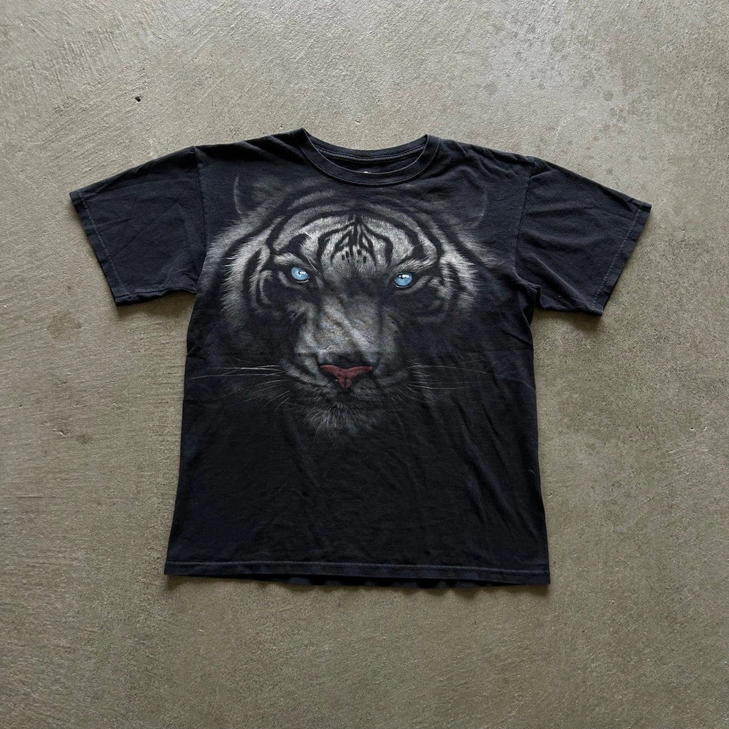 Vintage Y2K Liquid Blue Tiger Shirt Size Medium Black White Tiger Animal