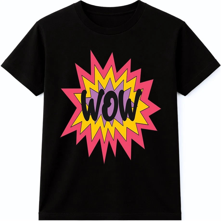 WOW Comic T Shirt Colorful Starburst Graphic Tee Pop Art Retro Streetwear Top