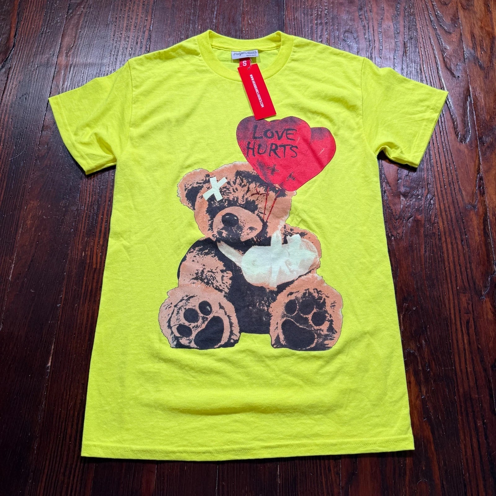 Headgear Classics Shirt Mens S Yellow Y2K Graphic 'Love Hurts' Teddy Bear NWT