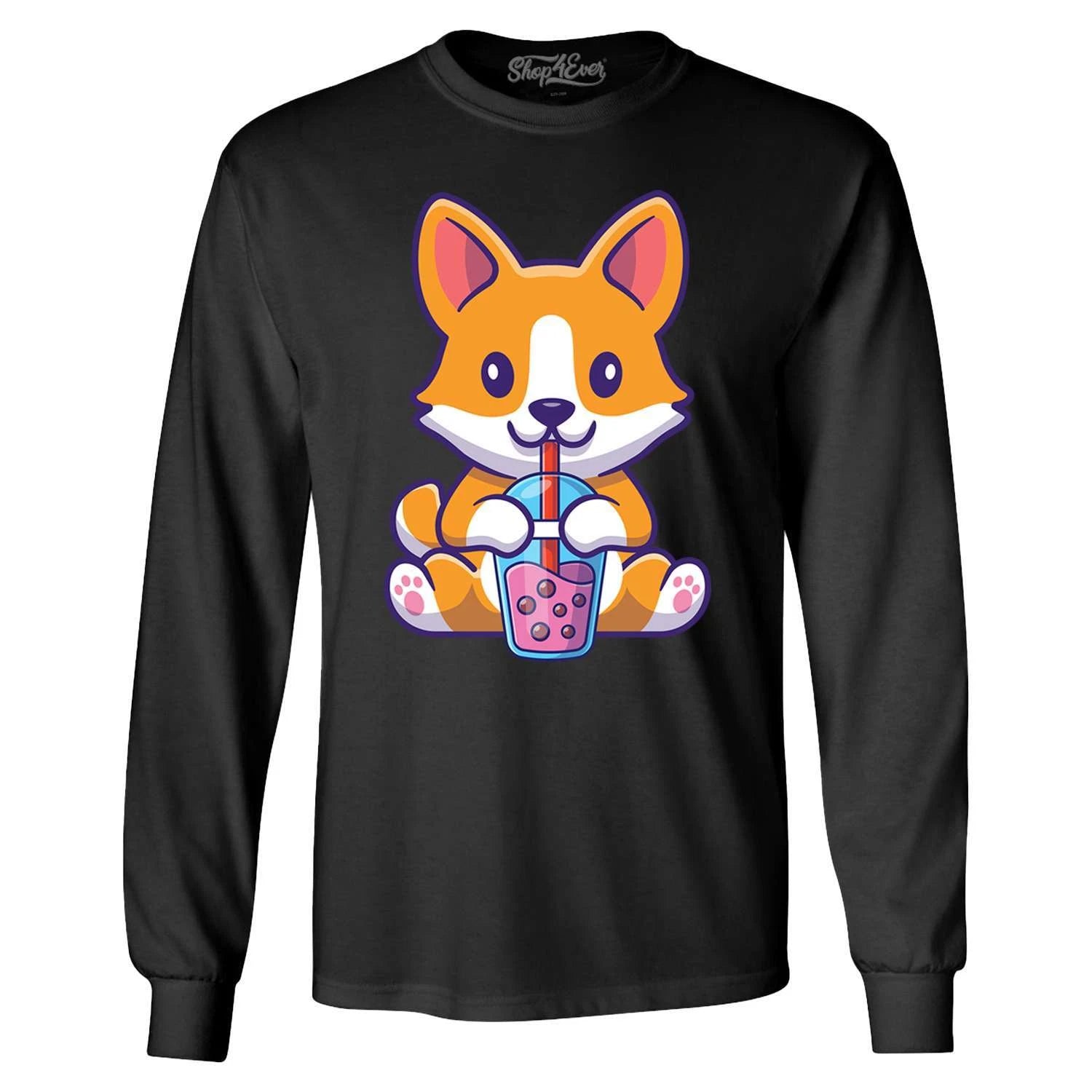Cute Corgi Drinking Boba Tea Kawaii Long Sleeve Pet Shirts