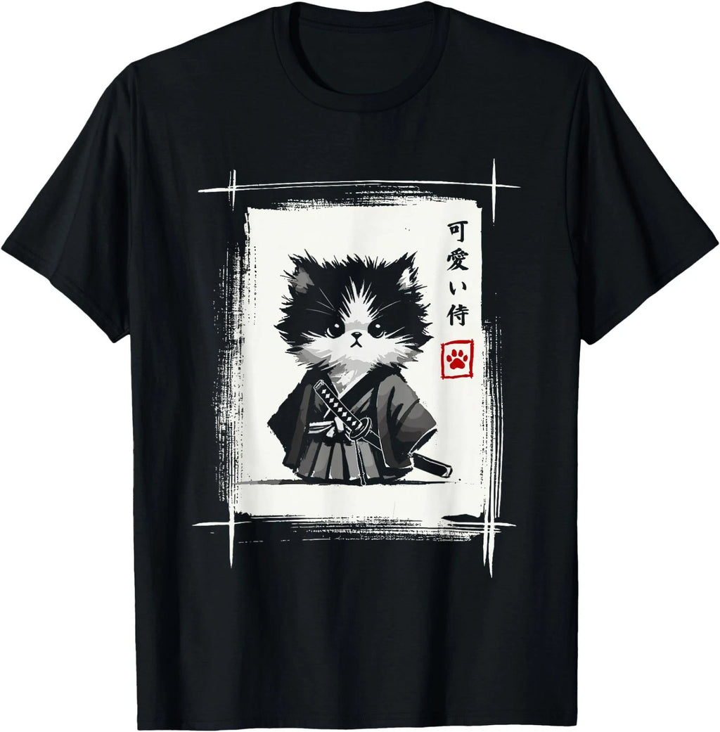 Samurai Cat Japanese Art Sumi-e Novelty Kawaii Funny Cat T-Shirt