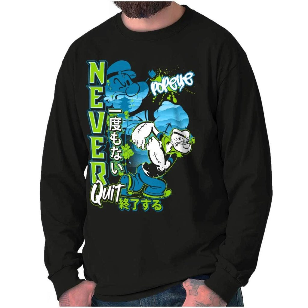 Popeye Never Quits Asian Inspired Mens Long Sleeve Tee T Shirt