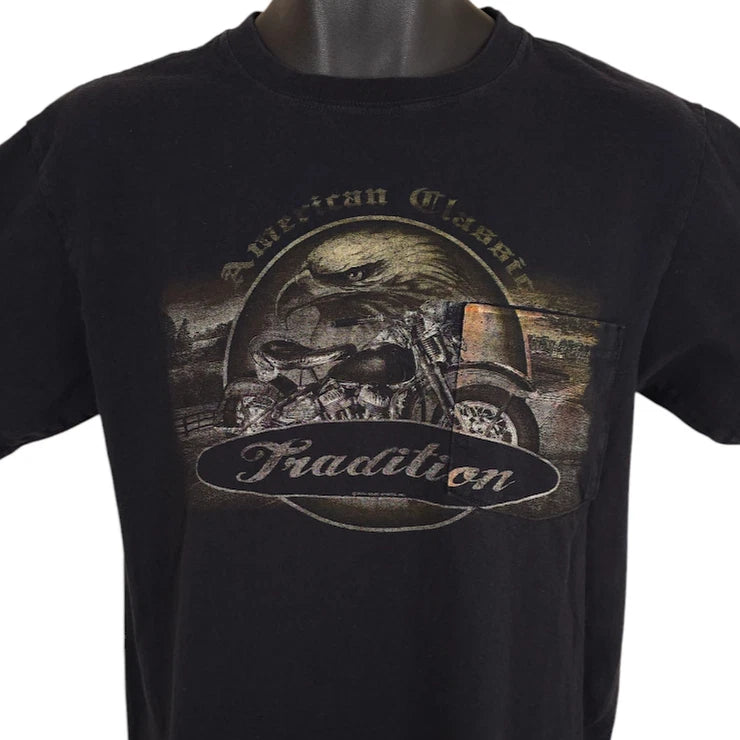 Motorcycle T Shirt Mens Size Medium Black Y2K American Classic Bald Eagle Biker