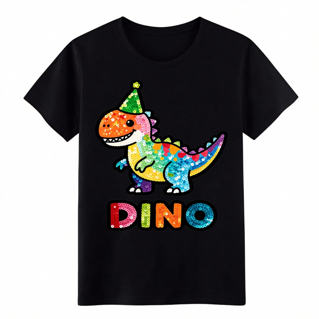 Cute Party T-Rex "DINO" Graphic Tee, Colorful Sequin-Style T-Shirt