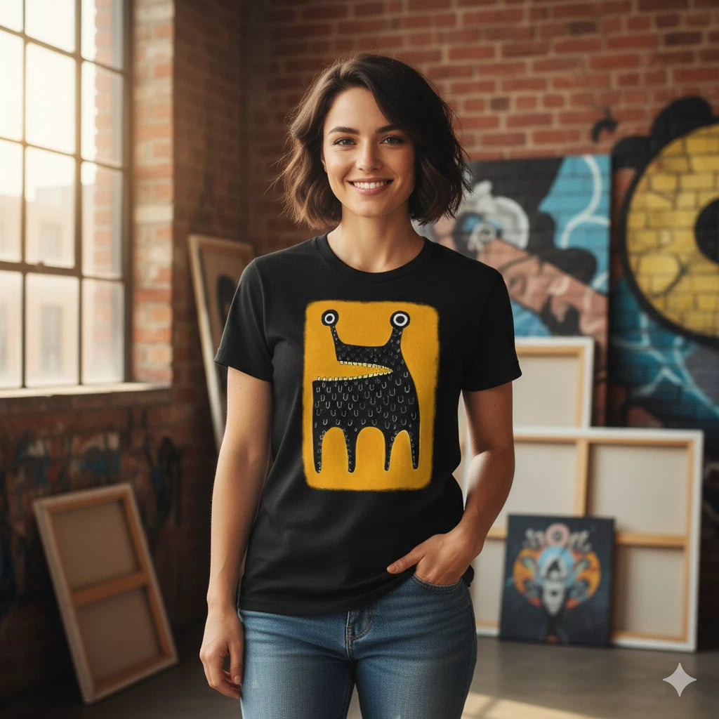 Cute Weird Monster Graphic T-Shirt Black Abstract Cartoon Art Tee - S553