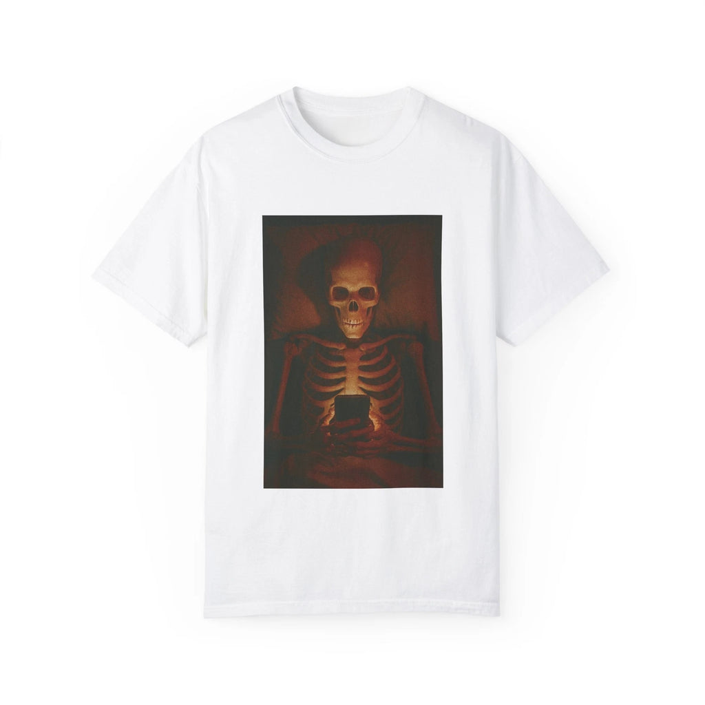 Skeleton on Phone T-Shirt Funny Dark Humor Graphic Tee Addicted to Social Media
