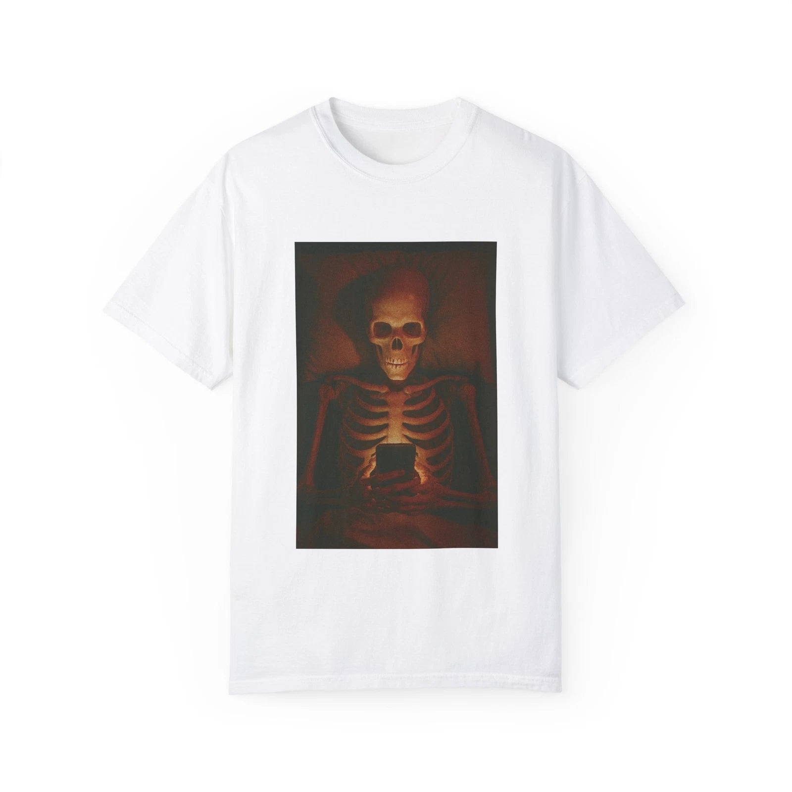 Skeleton on Phone T-Shirt Funny Dark Humor Graphic Tee Addicted to Social Media