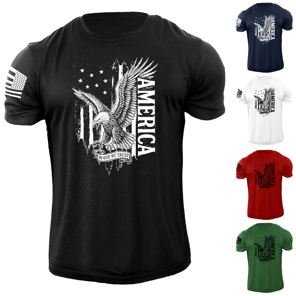 New Men's Distressed USA Eagle Flag T-Shirt In GOD We Trust American Graphic Tee