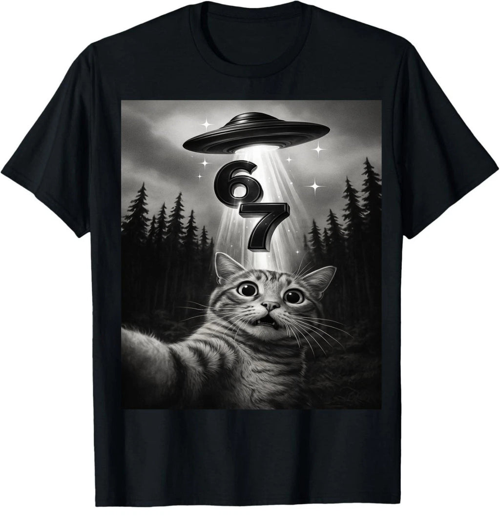 Funny Cat Selfie UFO 67 Six Seven 6 7 Meme T-Shirt Alien Gen Slang Fun Gift Tee