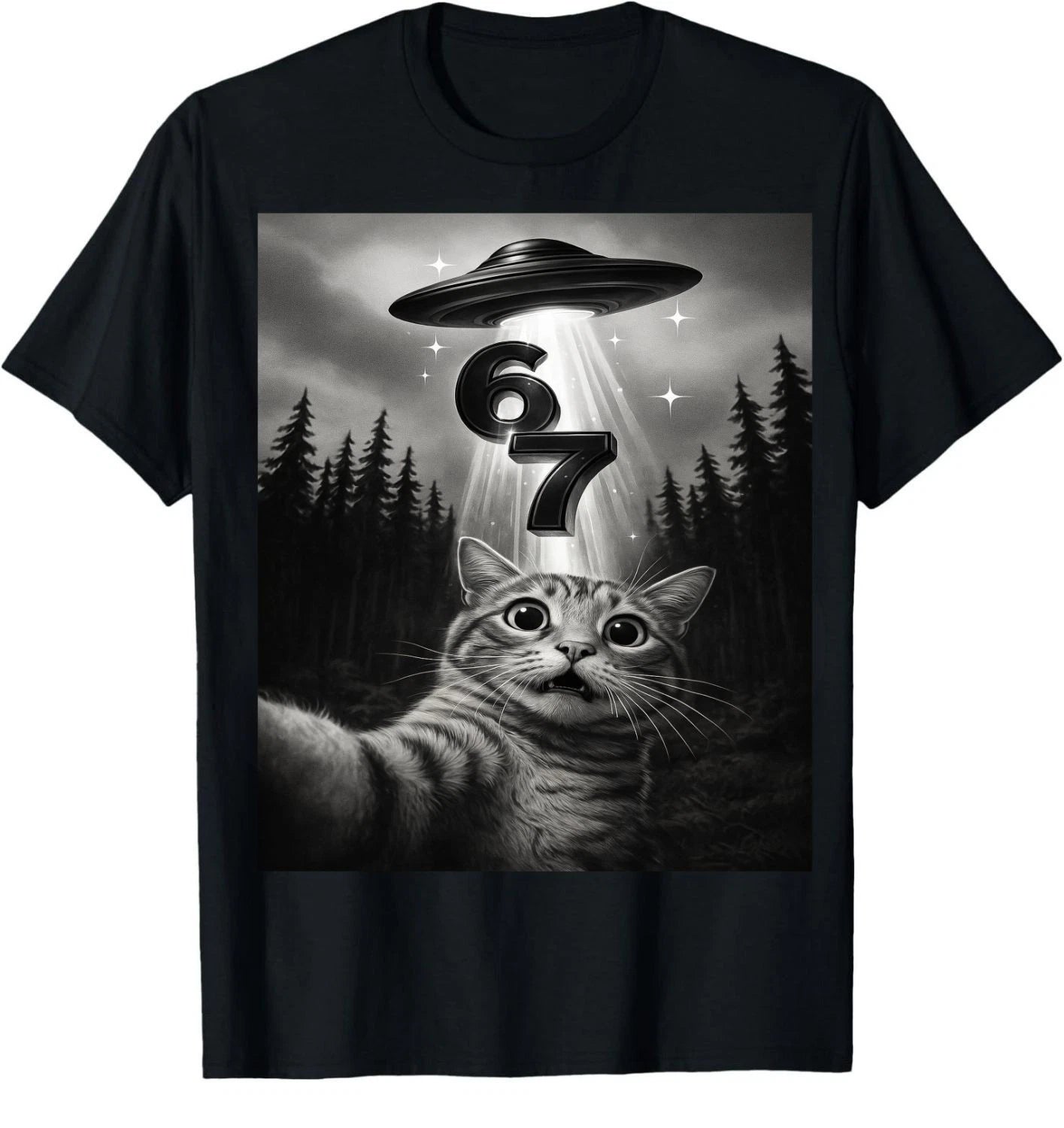 Funny Cat Selfie UFO 67 Six Seven 6 7 Meme T-Shirt Alien Gen Slang Fun Gift Tee