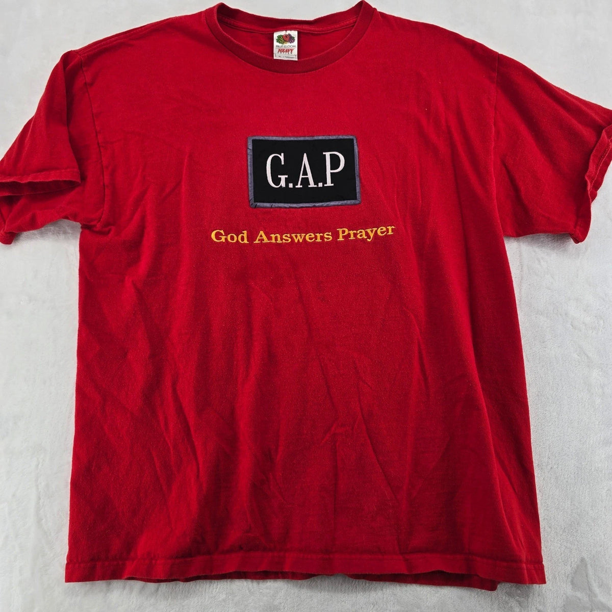 Fruit of the Loom T-Shirt Mens XL Tee Red God Answers Prayer Graphic G.A.P. Logo