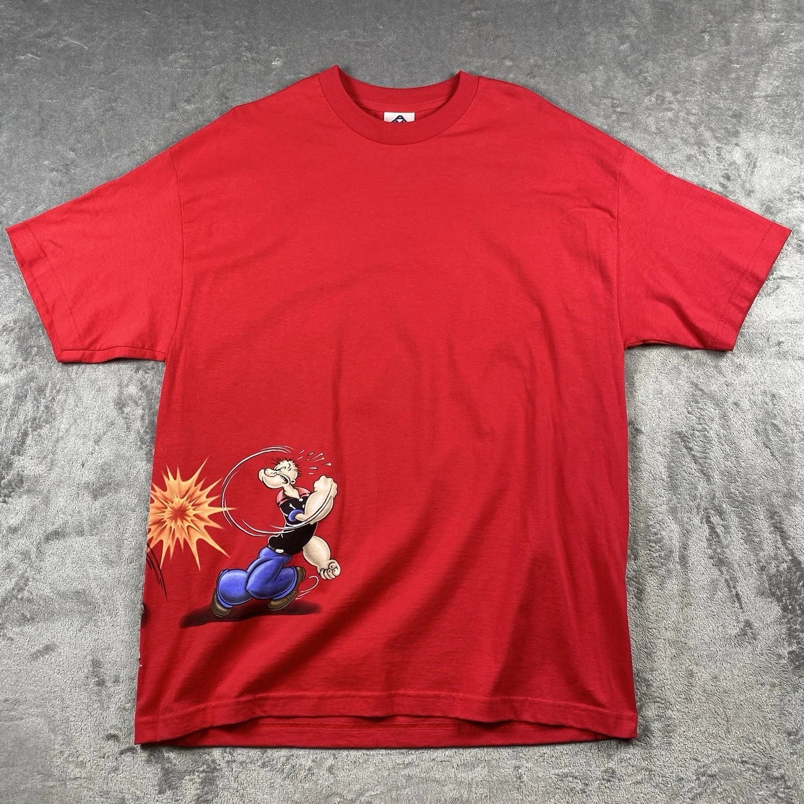 Vintage Popeye & Bluto Shirt Mens Sz XL Red USA Made Cartoon Wraparound Tee Y2K