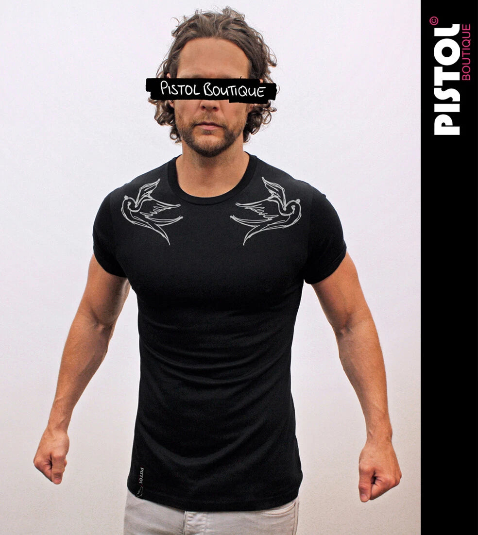 Pistol Boutique Men's T-Shirt Fitted Black Crew Neck Shoulder Swallows