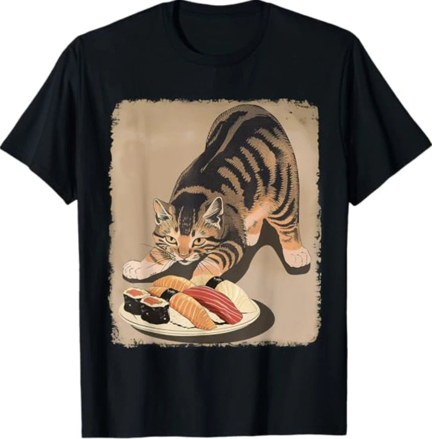 Kawaii Cat Eating Sushi Funny Japanese Anime Cute Cat T-Shirt