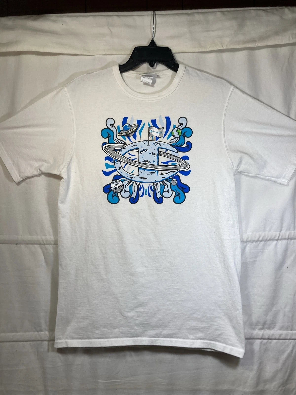 VTG 90s CHAMPION Brand Space Moon Spaceship T-Shirt Sz Large White Pop Art SK8
