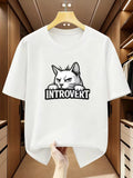 Men's Introvert Cat T-Shirt Cartoon White Cat Graphic Print Casual Summer Tee