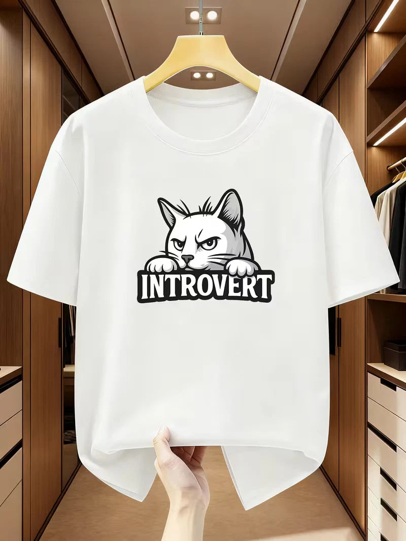 Men's Introvert Cat T-Shirt Cartoon White Cat Graphic Print Casual Summer Tee