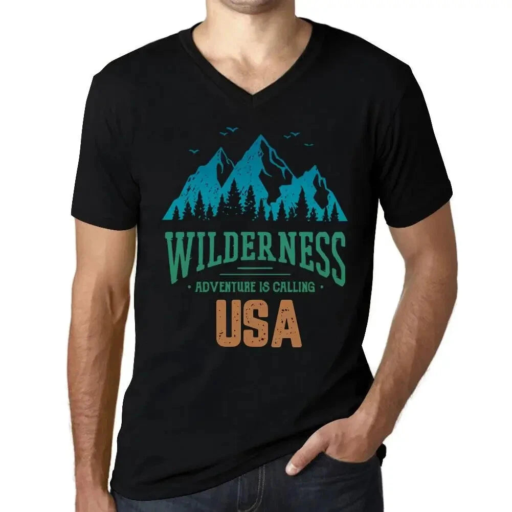 Men's Graphic T-Shirt V Neck Wilderness, Adventure Is Calling Usa Eco-Friendly