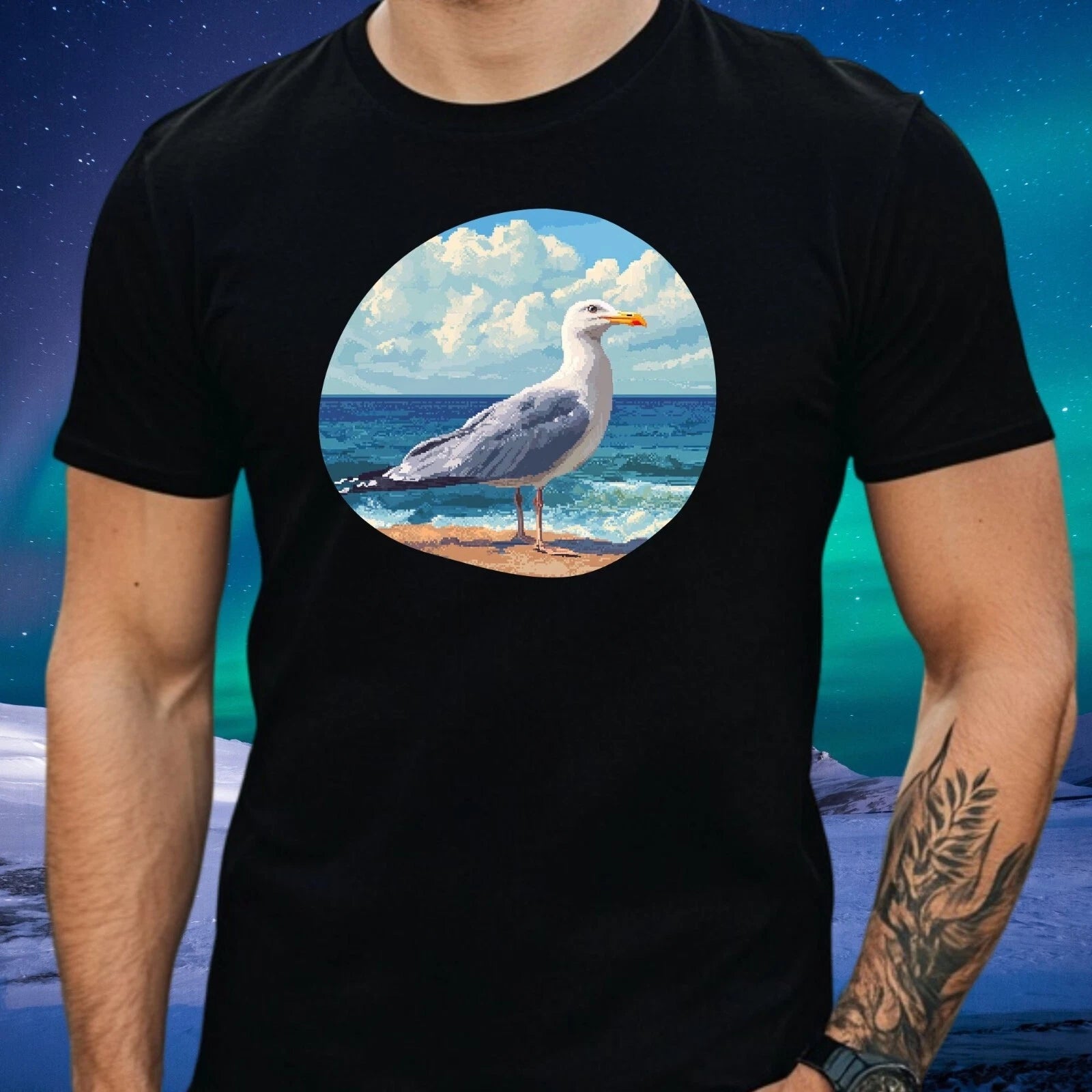Mens Seagulls Pixel Art Motif Cotton T-Shirt Size XS to 5XL
